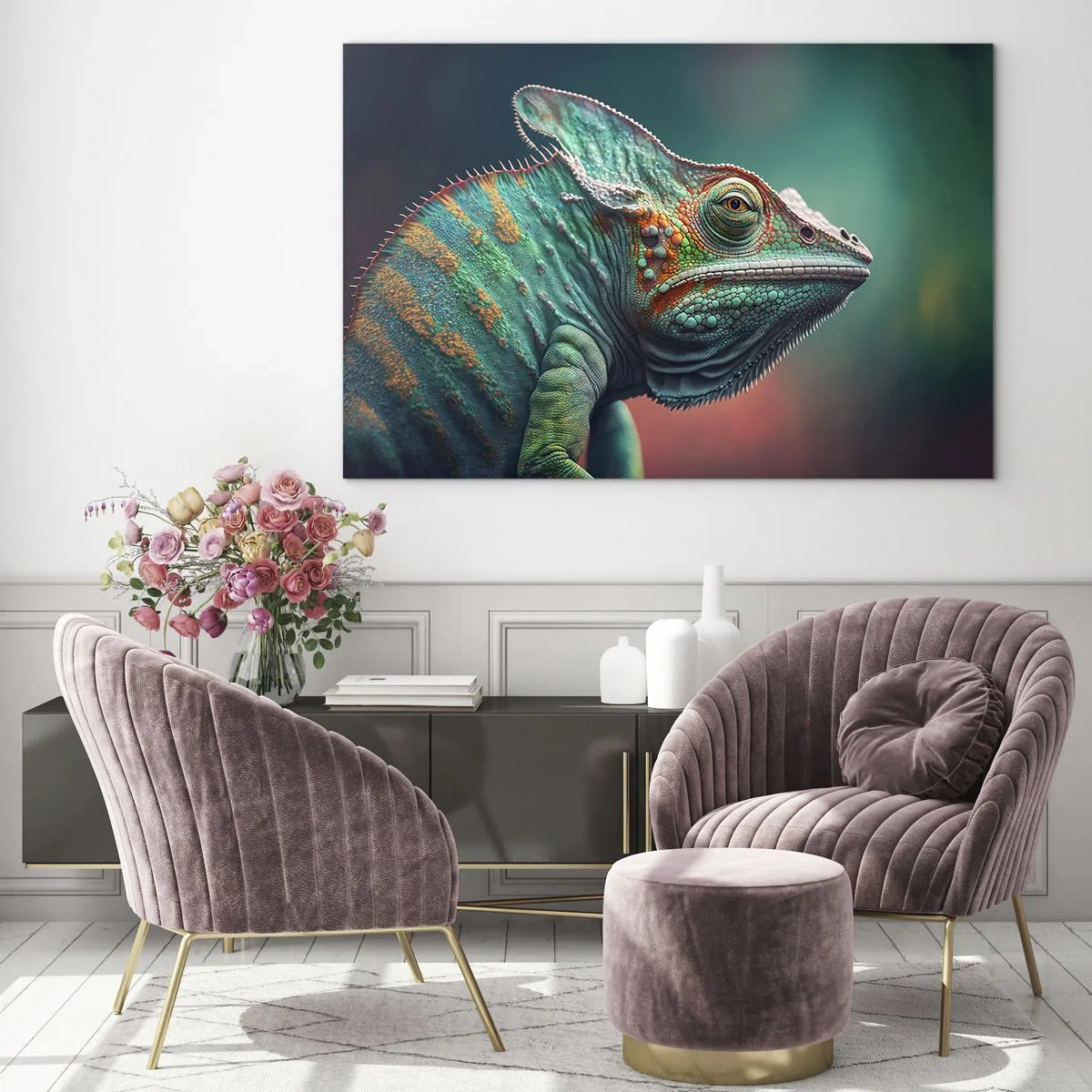 Cuadro sobre vidrio - Impresiones sobre Vidrio - Un camaleón colorido sobre un fondo borroso bajo una luz intensa. - 70x50cm - ¿Puedes verme? No está bien... - Decoración de pared moderna para salón y dormitorio ARTTOR