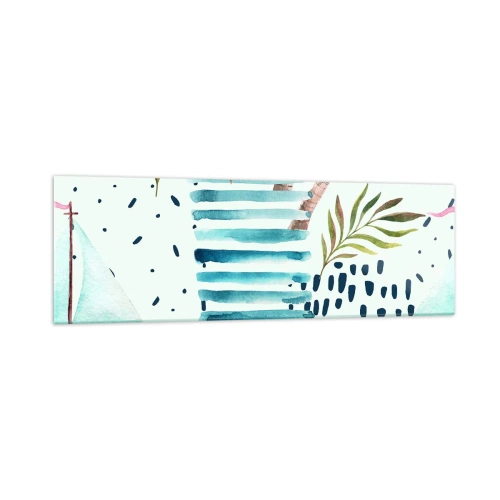 Cuadro sobre vidrio - Impresiones sobre Vidrio - Patrón abstracto con palmeras y acentos náuticos. - 160x50cm - Vacaciones bajo las palmeras - Decoración de pared moderna para salón y dormitorio ARTTOR