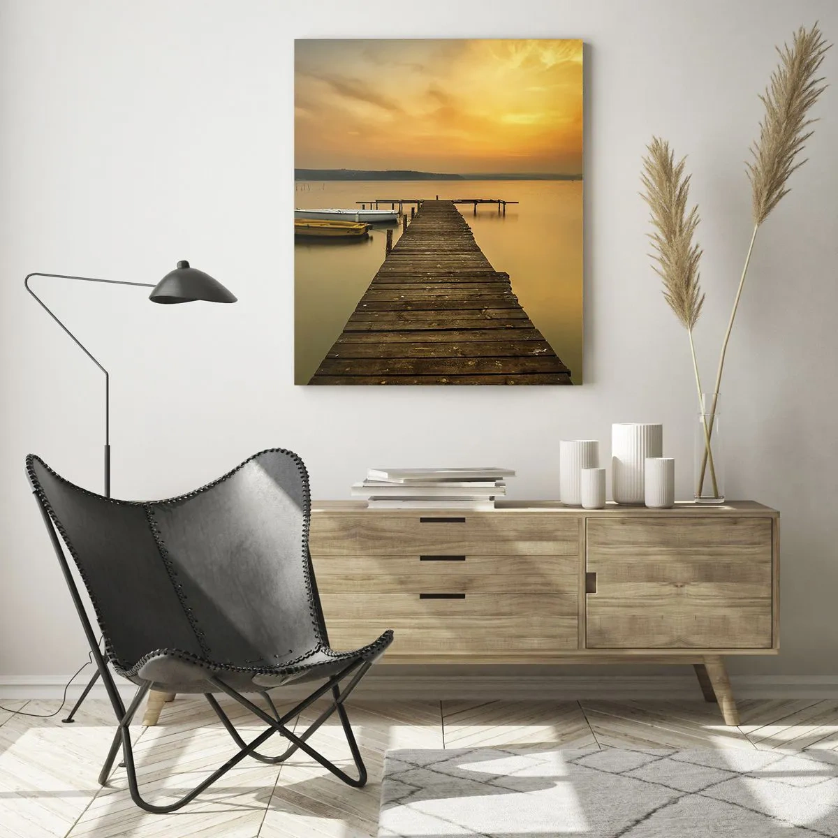 Cuadro sobre vidrio - Impresiones sobre Vidrio - Muelle de madera y barcos en el lago al atardecer - 70x100cm - Abriré el cielo dorado para ti - Decoración de pared moderna para salón y dormitorio ARTTOR