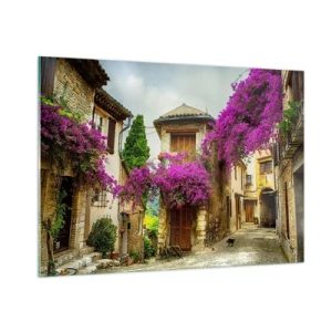 Cuadro sobre vidrio - Impresiones sobre Vidrio - Una calle encantadora con vides rosas en flor y casas de vecindad. - 100x70cm - Bajo un manto de flores - Decoración de pared moderna para salón y dormitorio ARTTOR
