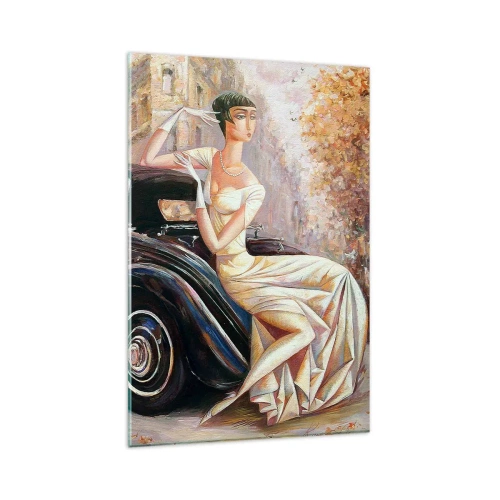 Cuadro sobre vidrio - Impresiones sobre Vidrio - Mujer retro junto a un coche clásico - 80x120cm - Elegancia retro - Decoración de pared moderna para salón y dormitorio ARTTOR