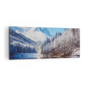 Cuadro sobre lienzo - Impresión de Imagen - Paisaje invernal de montaña con árboles cubiertos de nieve y un lago. - 120x50cm - Guardia de nieve - Decoración de pared moderna para salón y dormitorio ARTTOR