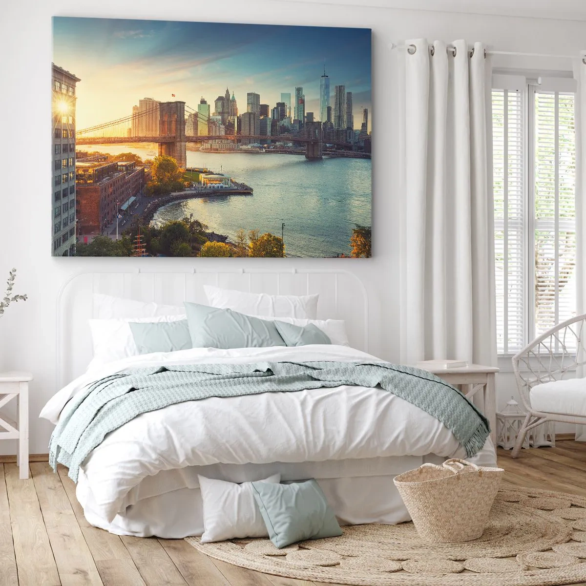 Cuadro sobre lienzo - Impresión de Imagen - Panorama de la ciudad con el puente al atardecer - 70x50cm - El amanecer de la gran ciudad - Decoración de pared moderna para salón y dormitorio ARTTOR
