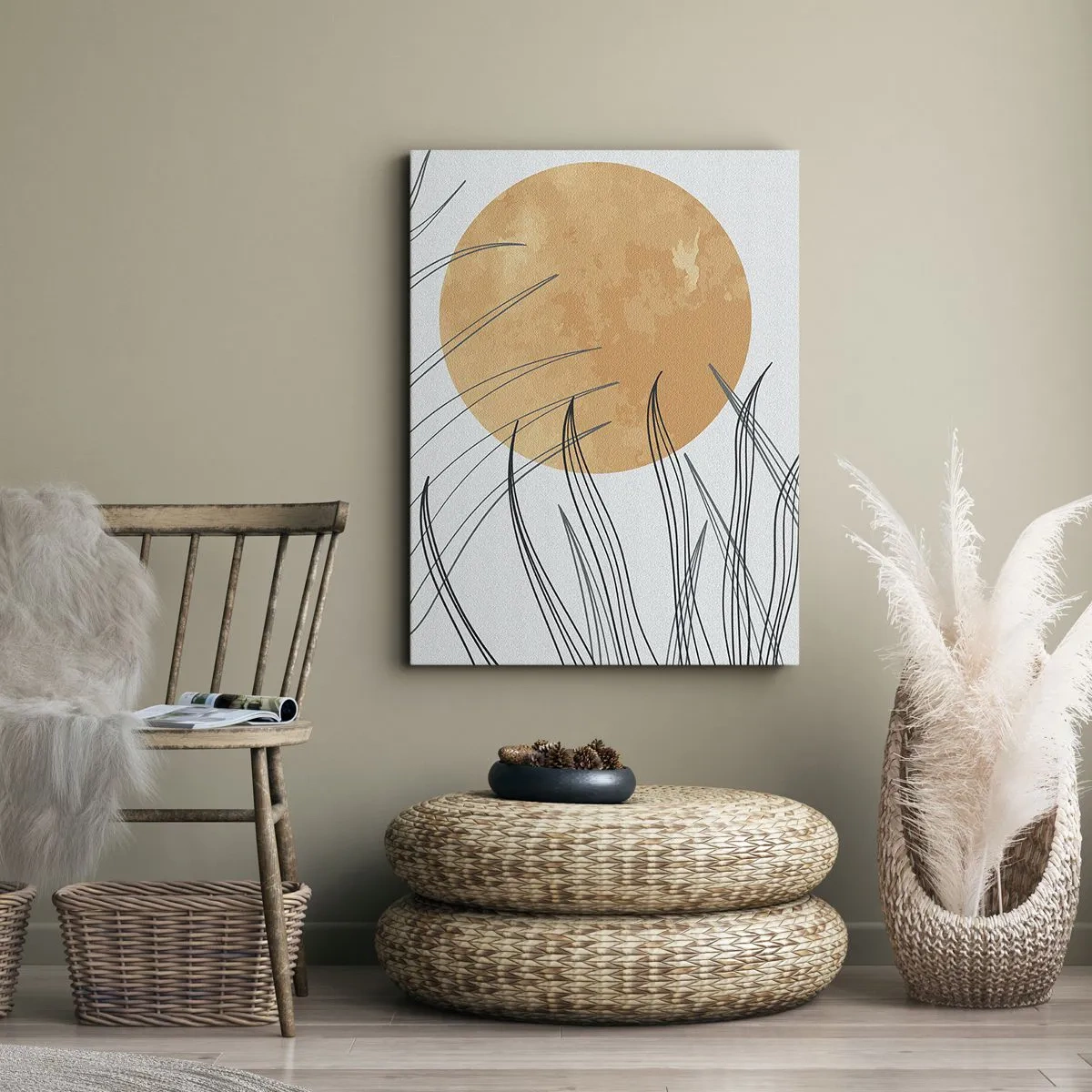 Cuadro sobre lienzo - Impresión de Imagen - Hojas de hierba abstractas contra el fondo de un gran sol naranja - 50x70cm - Siempre hacia el sol - Decoración de pared moderna para salón y dormitorio ARTTOR