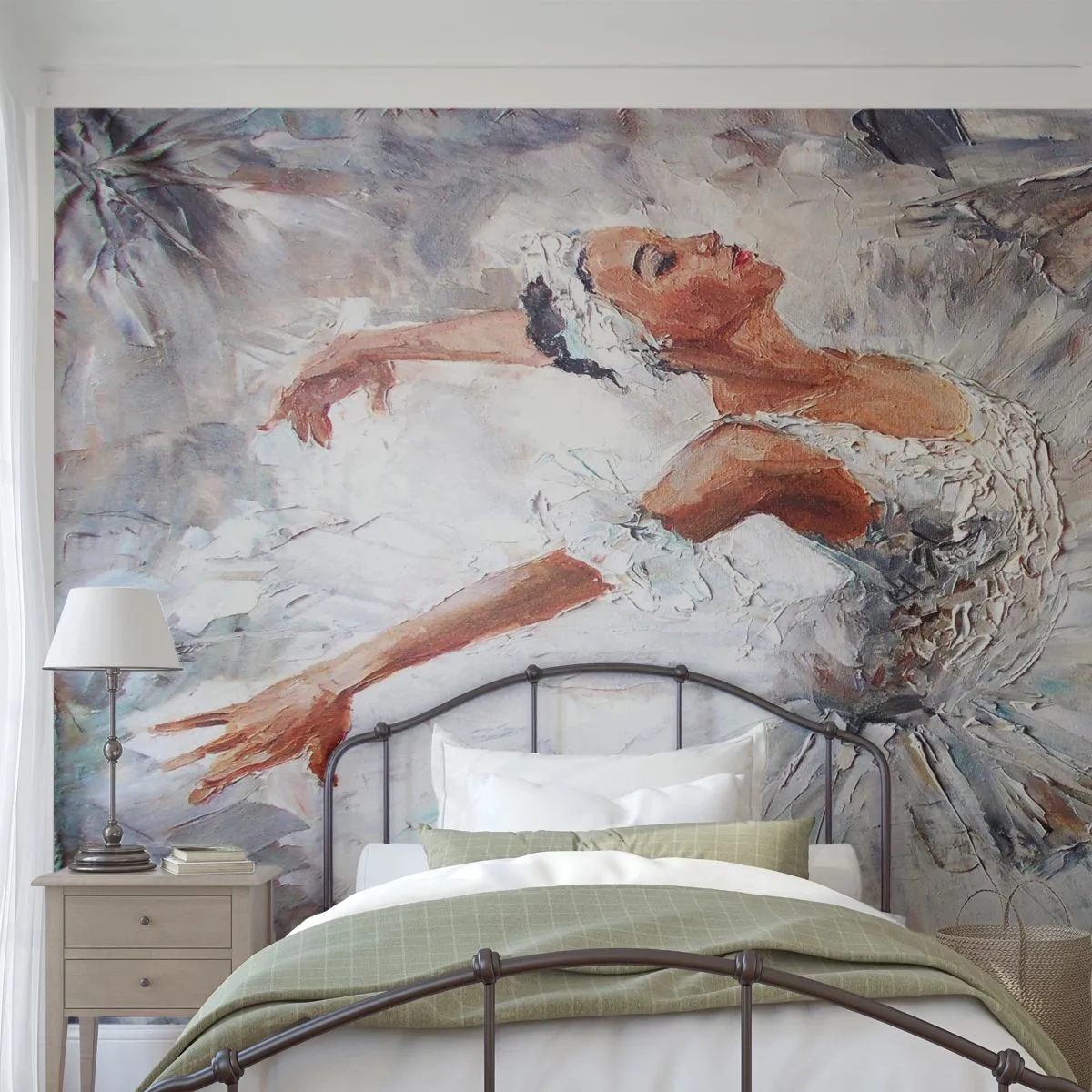 Fotomural Premium Sand - Una bailarina con un vestido blanco en una pose expresiva. - 100x70cm - Suave y ligera - Decoración de pared moderna para salón y dormitorio ARTTOR