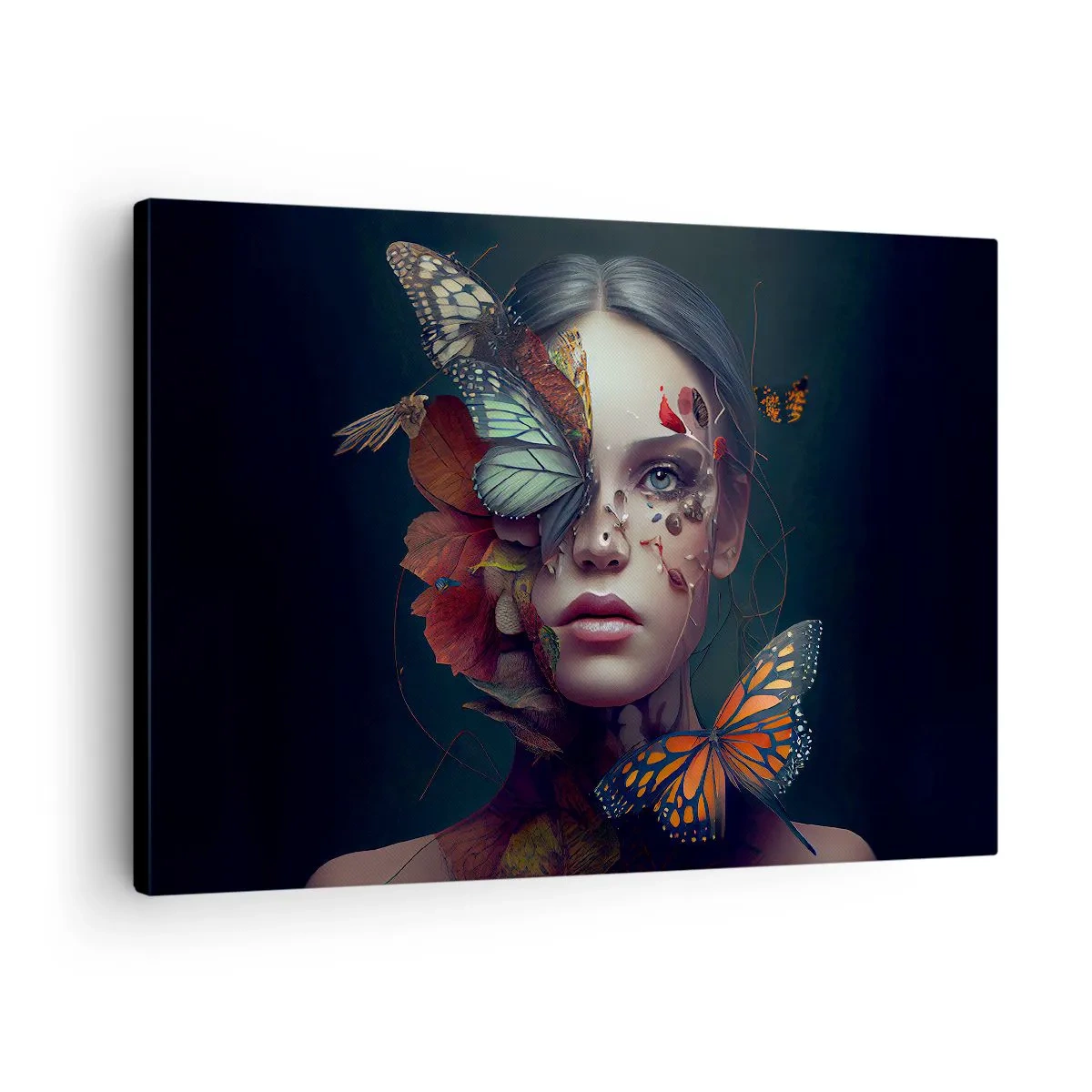 Cuadro sobre lienzo - Impresión de Imagen - Retrato de una mujer con mariposas y elementos vegetales. - 70x50cm - Una metamorfosis maravillosa - Decoración de pared moderna para salón y dormitorio ARTTOR