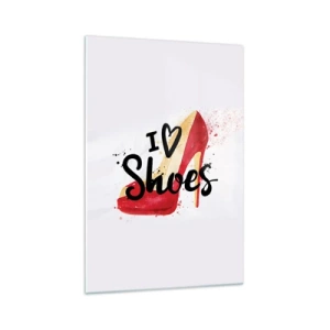 Cuadro sobre vidrio - Impresiones sobre Vidrio - Stiletto rojo con la inscripción I love Shoes sobre fondo blanco - 70x100cm - El amor tiene más de un nombre - Decoración de pared moderna para salón y dormitorio ARTTOR