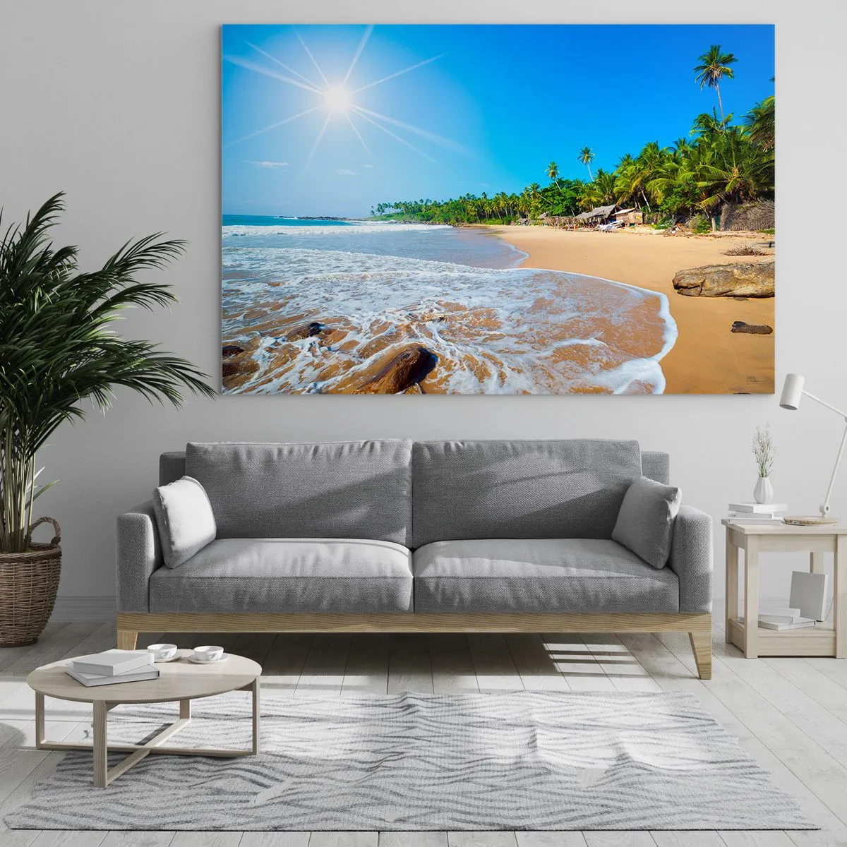 Cuadro sobre vidrio - Impresiones sobre Vidrio - Playa tropical con palmeras y olas bajo un cielo azul. - 70x50cm - Un lugar exótico para ti - Decoración de pared moderna para salón y dormitorio ARTTOR
