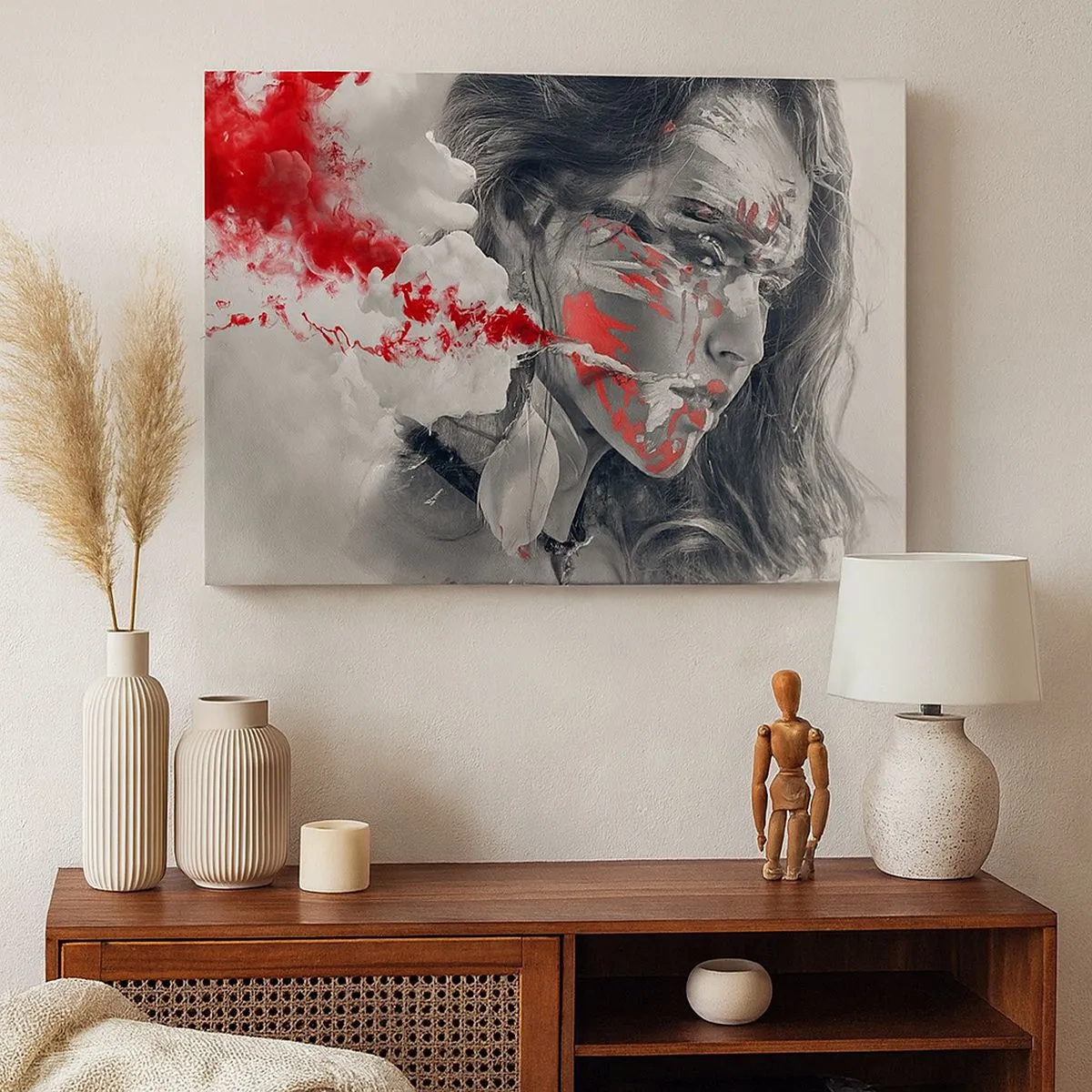 Cuadro sobre lienzo - Impresión de Imagen - Retrato artístico de una mujer con acentos rojos abstractos. - 70x50cm - En los humos del absurdo - Decoración de pared moderna para salón y dormitorio ARTTOR