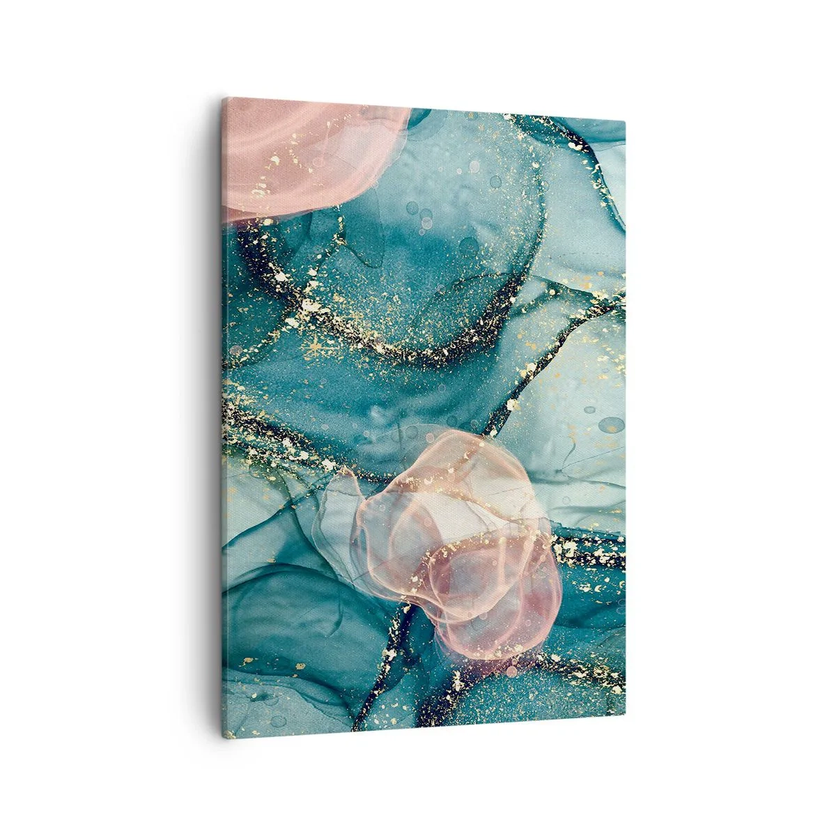 Cuadro sobre lienzo - Impresión de Imagen - Una composición abstracta en tonos turquesa y dorado. - 50x70cm - Seda azul, tul rosa - Decoración de pared moderna para salón y dormitorio ARTTOR