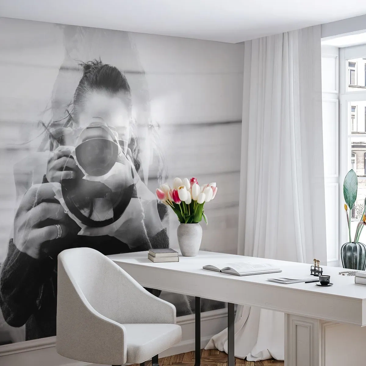 Fotomural Premium Canvas - Retrato de doble exposición en blanco y negro de un fotógrafo. - 100x70cm - Creador y creación - Decoración de pared moderna para salón y dormitorio ARTTOR