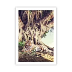 Póster - Un tigre descansando bajo un enorme árbol con raíces enredadas. - 50x70cm - Una visión desde el Génesis - Decoración de pared moderna para salón y dormitorio ARTTOR