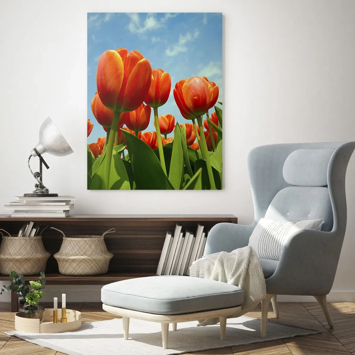 Cuadro sobre vidrio - Impresiones sobre Vidrio - Un campo de tulipanes rojos y naranjas contra un cielo azul. - 80x120cm - Excepto el cielo azul no necesitan nada en la vida - Decoración de pared moderna para salón y dormitorio ARTTOR