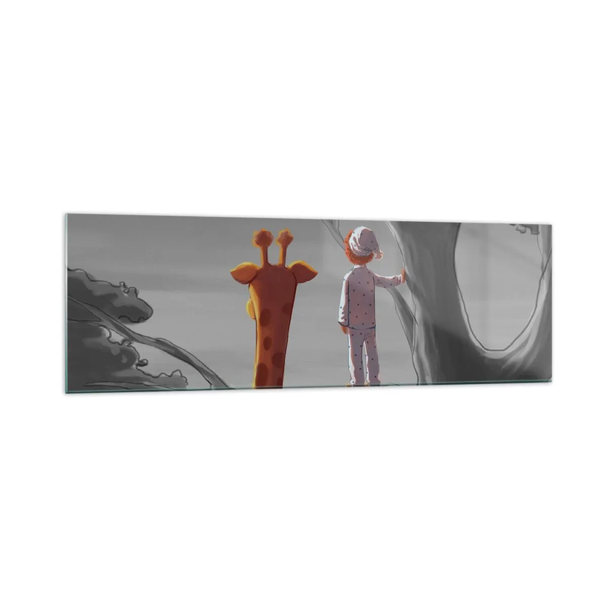 Cuadro sobre vidrio - Impresiones sobre Vidrio - Un niño y una jirafa en la rama de un árbol en un paisaje de cuento de hadas. - 160x50cm - ¿Está sucediendo de verdad? - Decoración de pared moderna para salón y dormitorio ARTTOR