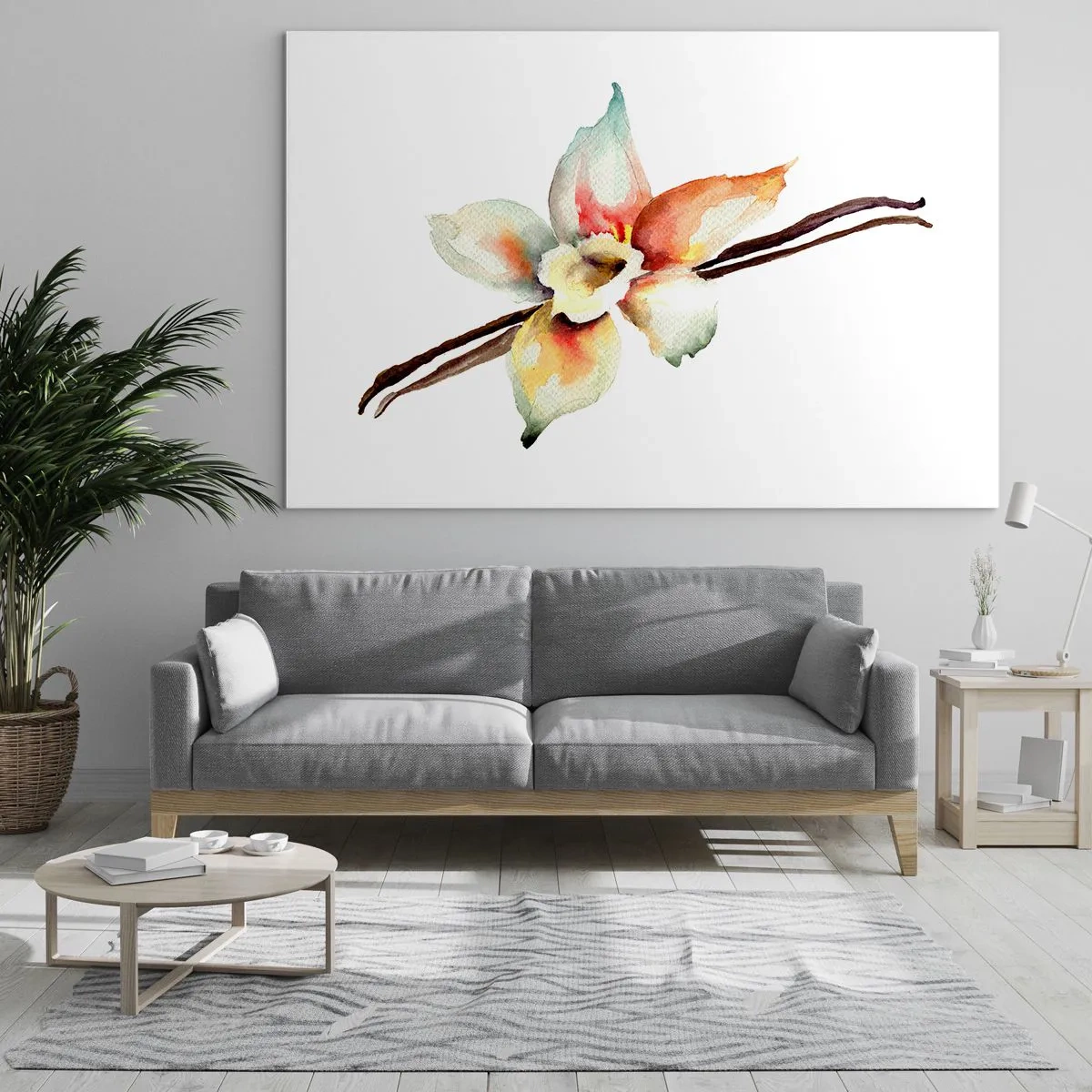 Cuadro sobre vidrio - Impresiones sobre Vidrio - Ilustración en acuarela de una flor de vainilla sobre un fondo blanco. - 70x50cm - Dulzura salpicada de pintura - Decoración de pared moderna para salón y dormitorio ARTTOR