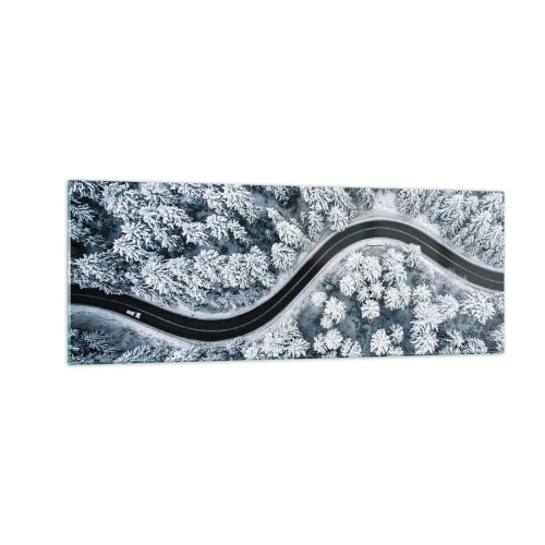 Cuadro sobre vidrio - Impresiones sobre Vidrio - Una vista de pájaro de un camino sinuoso en un bosque invernal. - 140x50cm - A través de un bosque invernal - Decoración de pared moderna para salón y dormitorio ARTTOR