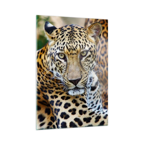 Cuadro sobre vidrio - Impresiones sobre Vidrio - Un leopardo salvaje descansando entre la vegetación. - 50x70cm - Salvaje y tranquilo - Decoración de pared moderna para salón y dormitorio ARTTOR