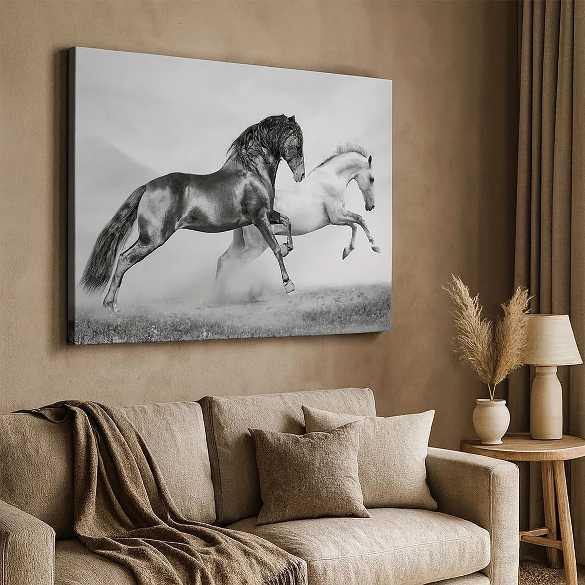 Cuadro sobre lienzo - Impresión de Imagen - Dos caballos al galope en una composición dinámica en blanco y negro - 70x50cm - Ángeles y demonios - Decoración de pared moderna para salón y dormitorio ARTTOR