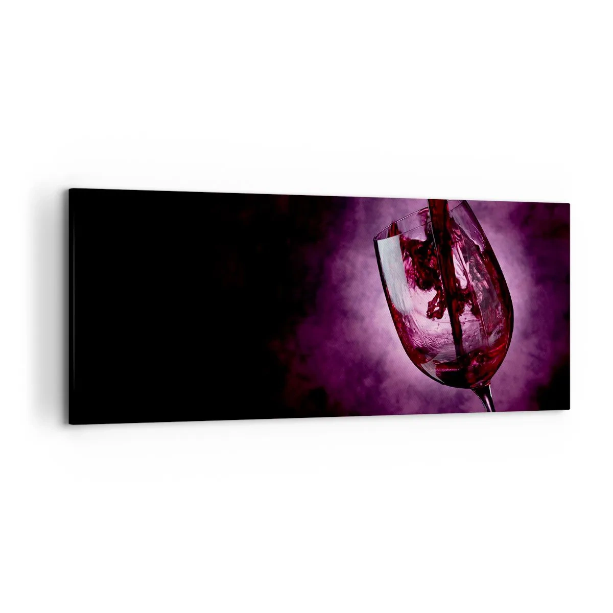 Cuadro sobre lienzo - Impresión de Imagen - Vino tinto vertido en una copa sobre un fondo de humo púrpura. - 120x50cm - ¿Escarlata? ¿Carmín? No, rubí. - Decoración de pared moderna para salón y dormitorio ARTTOR