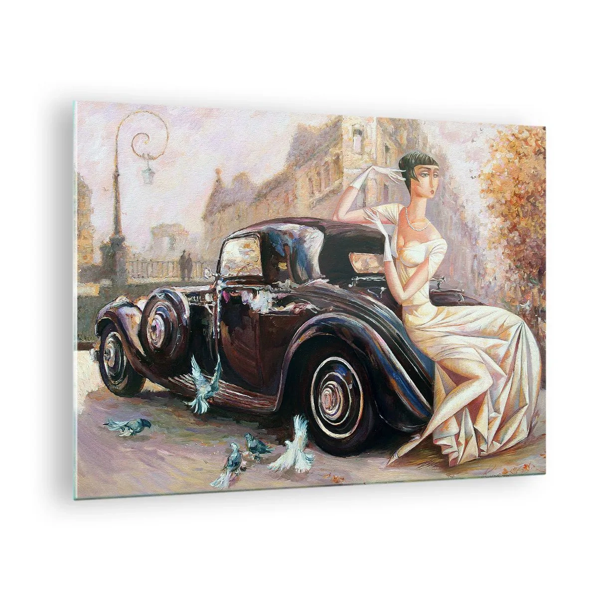 Cuadro sobre vidrio - Impresiones sobre Vidrio - Mujer elegante junto a un coche retro en un entorno urbano - 70x50cm - Elegancia retro - Decoración de pared moderna para salón y dormitorio ARTTOR