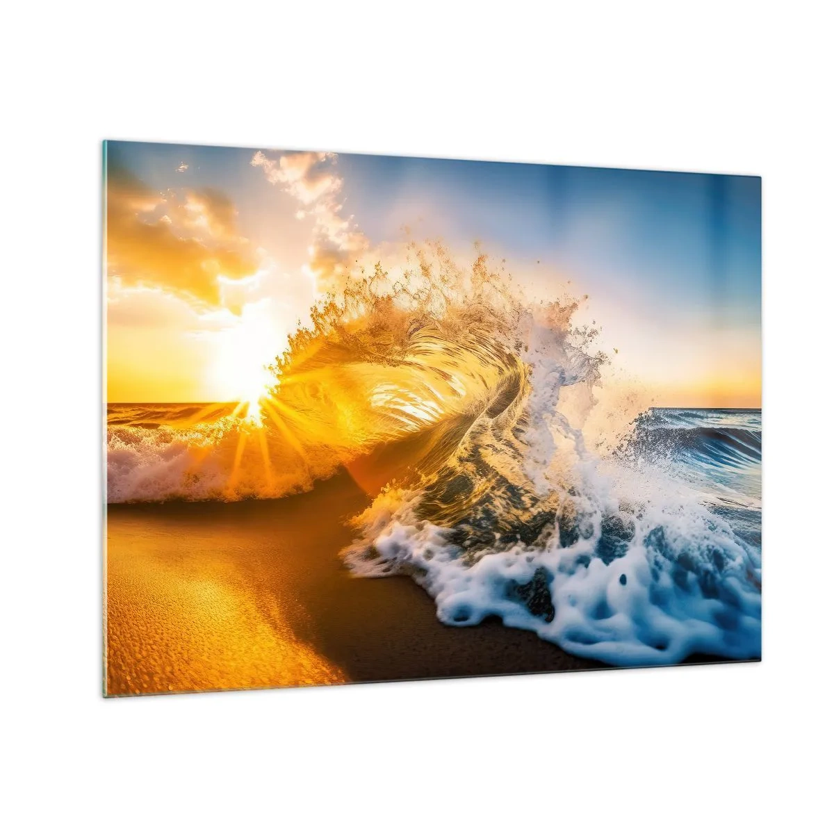 Cuadro sobre vidrio - Impresiones sobre Vidrio - Una ola rompiendo contra la orilla, iluminada por los rayos del sol poniente. - 70x50cm - Jugando en la arena - Decoración de pared moderna para salón y dormitorio ARTTOR