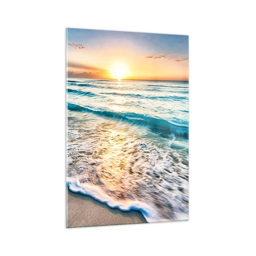 Cuadro sobre vidrio - Impresiones sobre Vidrio - Amanecer sobre una playa tranquila con olas. - 70x100cm - Un espectáculo digno de ver - Decoración de pared moderna para salón y dormitorio ARTTOR