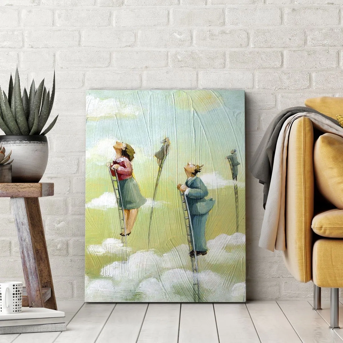 Cuadro sobre lienzo - Impresión de Imagen - Figuras subiendo escaleras entre nubes sobre un fondo pastel. - 50x70cm - Sigue tu sueño - Decoración de pared moderna para salón y dormitorio ARTTOR