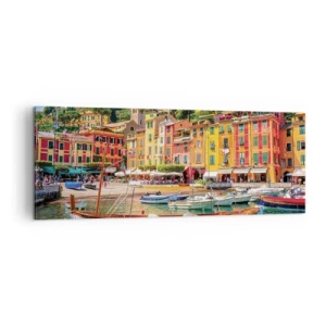 Cuadro sobre lienzo - Impresión de Imagen - Casas y barcos coloridos en una ciudad costera italiana - 140x50cm - Mañanas italianas - Decoración de pared moderna para salón y dormitorio ARTTOR