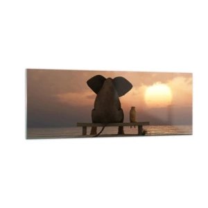 Cuadro sobre vidrio - Impresiones sobre Vidrio - Un elefante y un perro están sentados en un banco en la playa durante el atardecer. - 140x50cm - Es bueno estar en silencio juntos - Decoración de pared moderna para salón y dormitorio ARTTOR