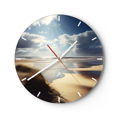 Reloj de pared - Reloj de vidrio - Una playa salvaje con dunas iluminadas por la luz del sol y las nubes. - 30x30cm - Playa, playa salvaje - Decoración de pared moderna para salón, cocina y dormitorio ARTTOR