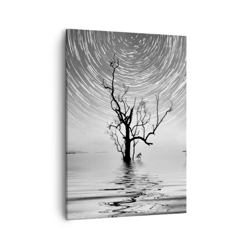 Cuadro sobre lienzo - Impresión de Imagen - Un árbol en el agua bajo un cielo nocturno con estrellas en movimiento. - 50x70cm - Una sinfonía de la naturaleza - Decoración de pared moderna para salón y dormitorio ARTTOR