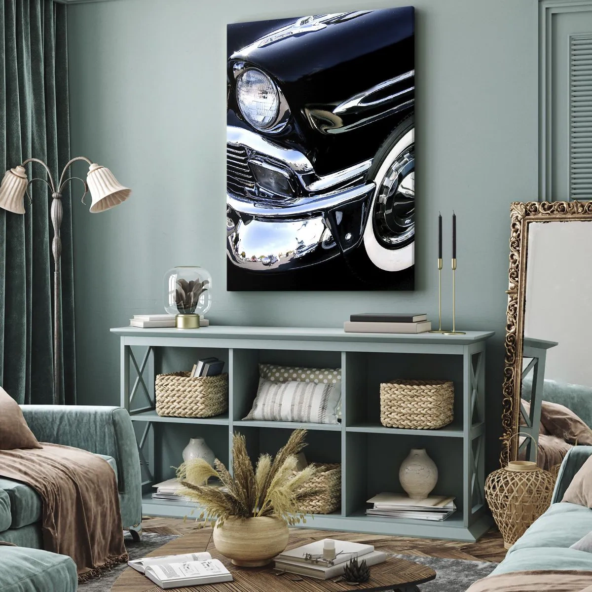 Cuadro sobre lienzo - Impresión de Imagen - Primer plano del faro y el guardabarros de un coche clásico negro - 80x120cm - Clásicos en plata, negro y blanco - Decoración de pared moderna para salón y dormitorio ARTTOR