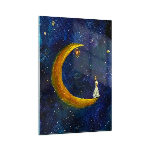Cuadro sobre vidrio - Impresiones sobre Vidrio - Una niña parada en la luna en un cielo estrellado. - 80x120cm - La llamada de la Luna - Decoración de pared moderna para salón y dormitorio ARTTOR