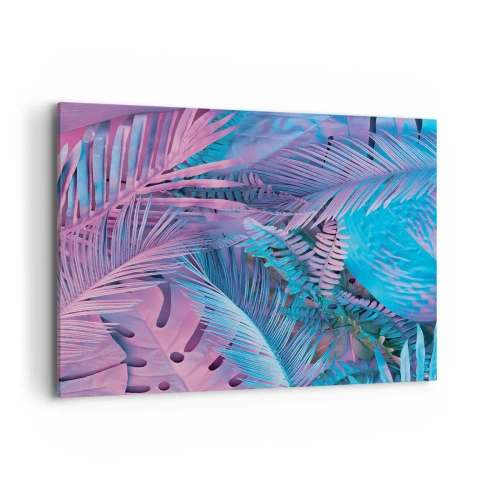 Cuadro sobre lienzo - Impresión de Imagen - Hojas tropicales en tonos rosa y azul. - 120x80cm - Trópicos en rosa y azul - Decoración de pared moderna para salón y dormitorio ARTTOR