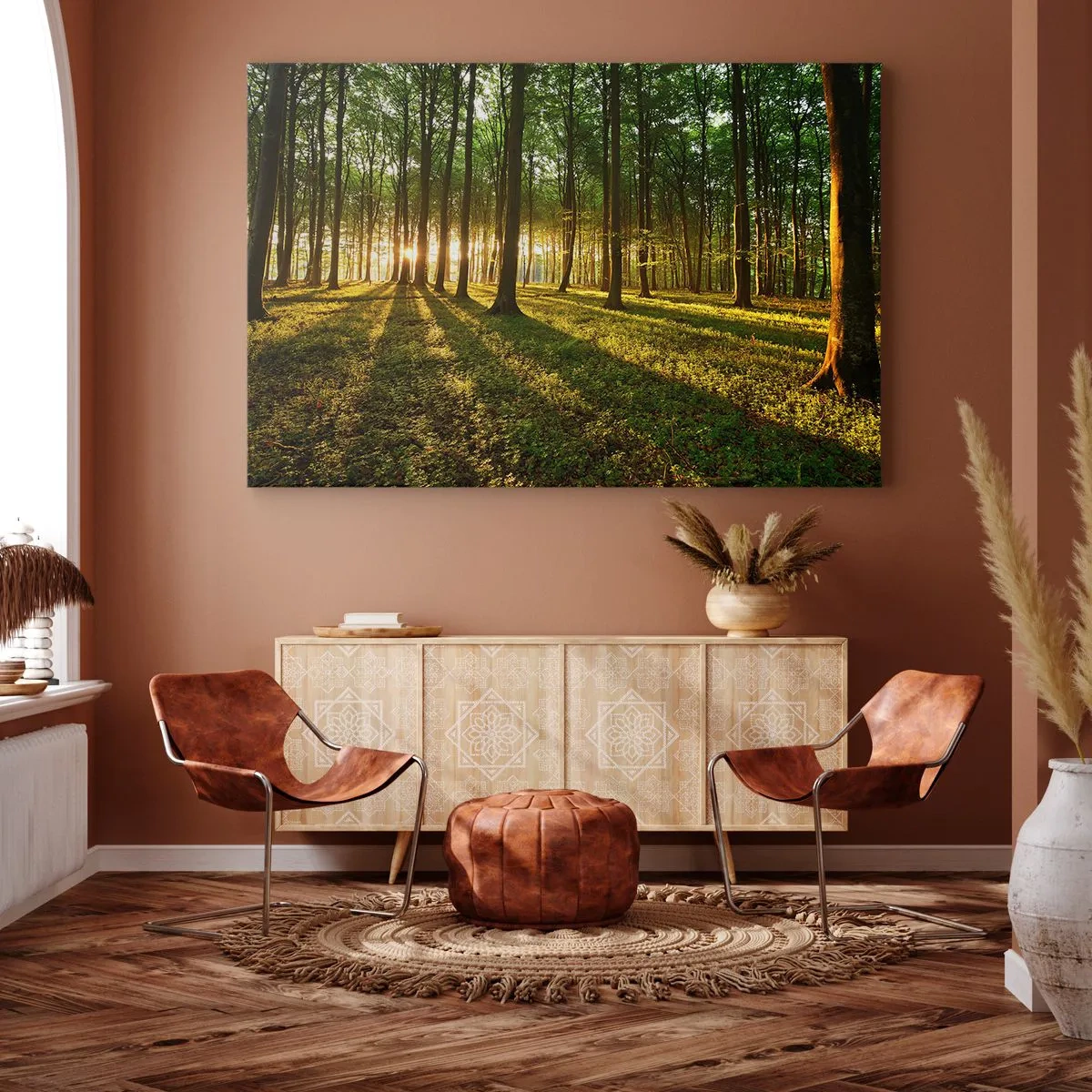 Cuadro sobre lienzo - Impresión de Imagen - El sol poniente en el bosque caducifolio - 120x80cm - Una fotografía de todos los manantiales - Decoración de pared moderna para salón y dormitorio ARTTOR