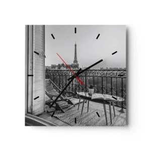 Reloj de pared - Reloj de vidrio - Vista de la Torre Eiffel desde el balcón con tumbonas y una mesa. - 30x30cm - Una tarde parisina - Decoración de pared moderna para salón y dormitorio ARTTOR