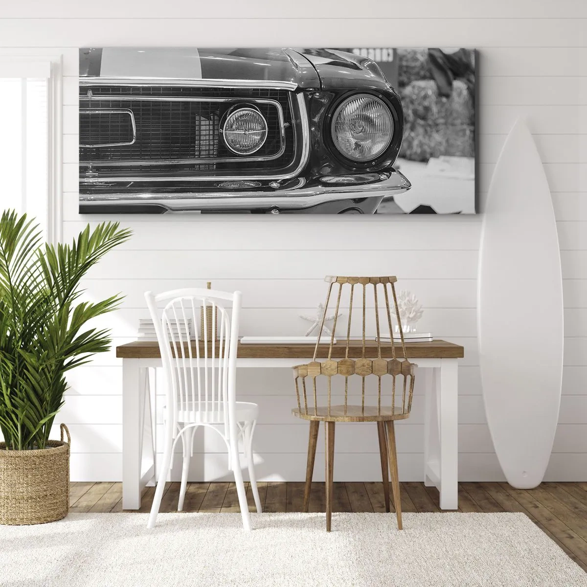 Cuadro sobre lienzo - Impresión de Imagen - Capó de coche clásico en blanco y negro - 120x50cm - Paseo rudo - Decoración de pared moderna para salón y dormitorio ARTTOR