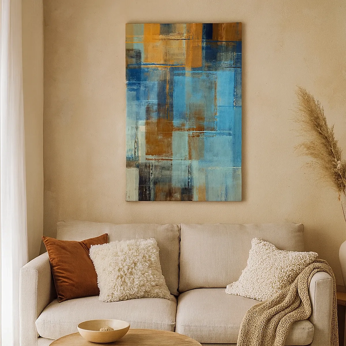Cuadro sobre lienzo - Impresión de Imagen - Composición geométrica abstracta en tonos azules y marrones. - 50x70cm - A través del velo azul - Decoración de pared moderna para salón y dormitorio ARTTOR