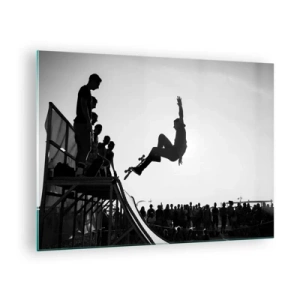 Cuadro sobre vidrio - Impresiones sobre Vidrio - Patinador blanco y negro en el aire - 70x50cm - Héroes y espectadores - Decoración de pared moderna para salón y dormitorio ARTTOR