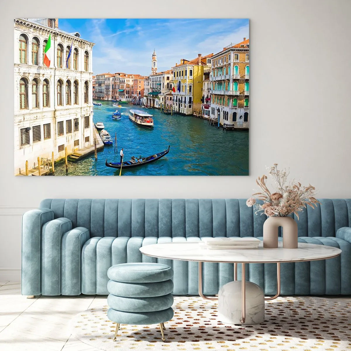 Cuadro sobre vidrio - Impresiones sobre Vidrio - Un canal en Venecia con góndolas y barcos en el agua. - 70x50cm - Tráfico único en el mundo - Decoración de pared moderna para salón y dormitorio ARTTOR