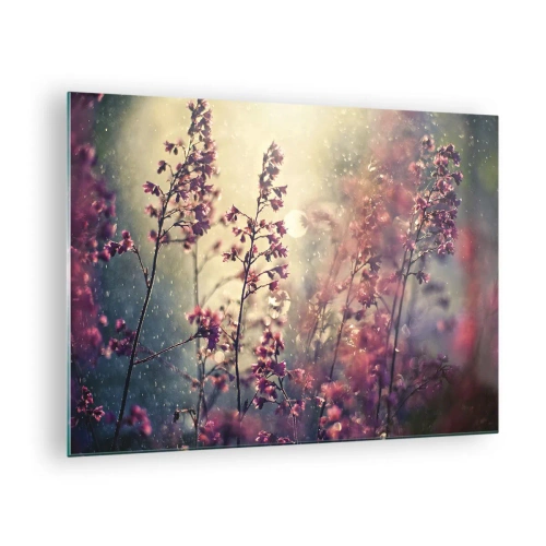 Cuadro sobre vidrio - Impresiones sobre Vidrio - Flores bajo la luz del sol bajo la suave lluvia. - 70x50cm - Jardín secreto - Decoración de pared moderna para salón y dormitorio ARTTOR