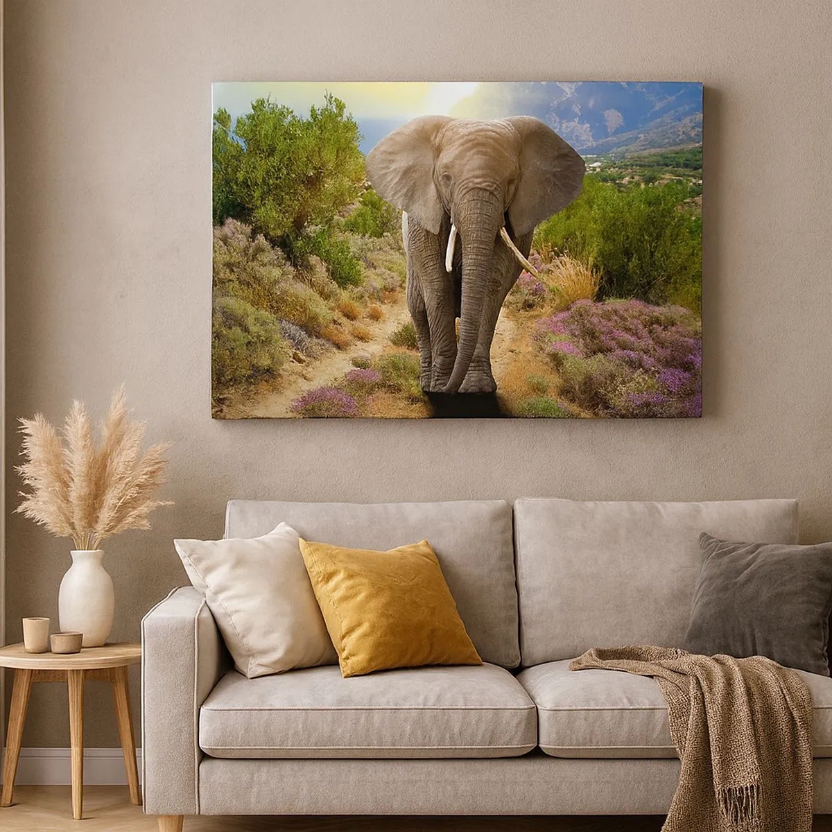 Cuadro sobre lienzo - Impresión de Imagen - Un elefante africano frente a un paisaje de sabana y montaña. - 70x50cm - Este es el aspecto del Edén - Decoración de pared moderna para salón y dormitorio ARTTOR