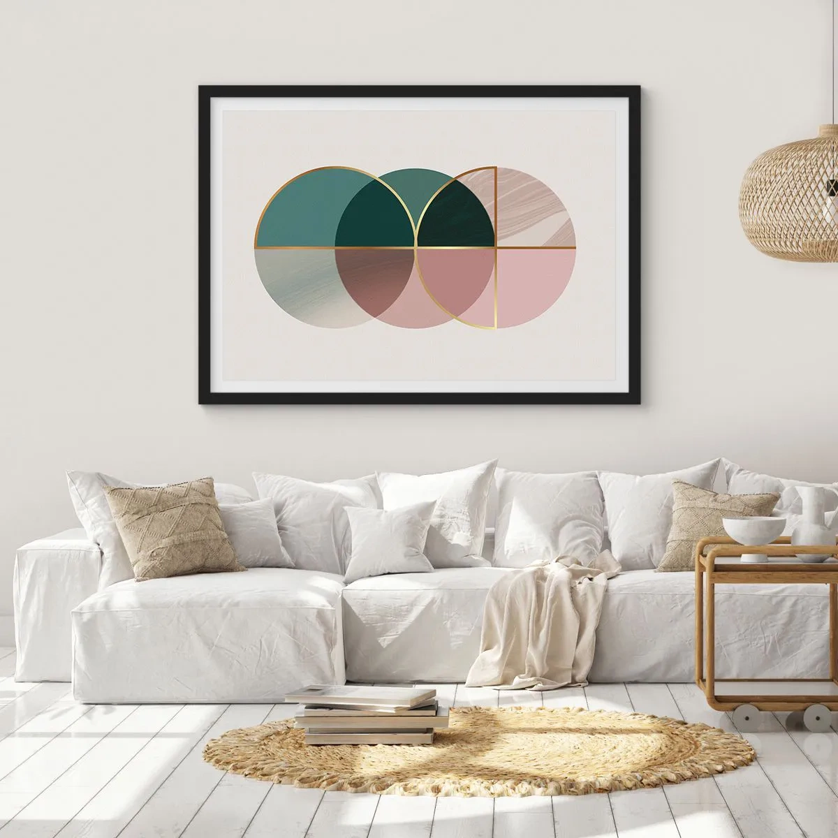 Póster en marco negro - Una composición abstracta de formas geométricas y líneas doradas. - 70x50cm - Círculo tras círculo... - Decoración de pared moderna para salón y dormitorio ARTTOR