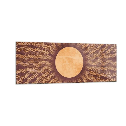 Cuadro sobre vidrio - Impresiones sobre Vidrio - Patrón soleado con rayos sobre un fondo en tonos marrones. - 140x50cm - Icono del sol - Decoración de pared moderna para salón y dormitorio ARTTOR