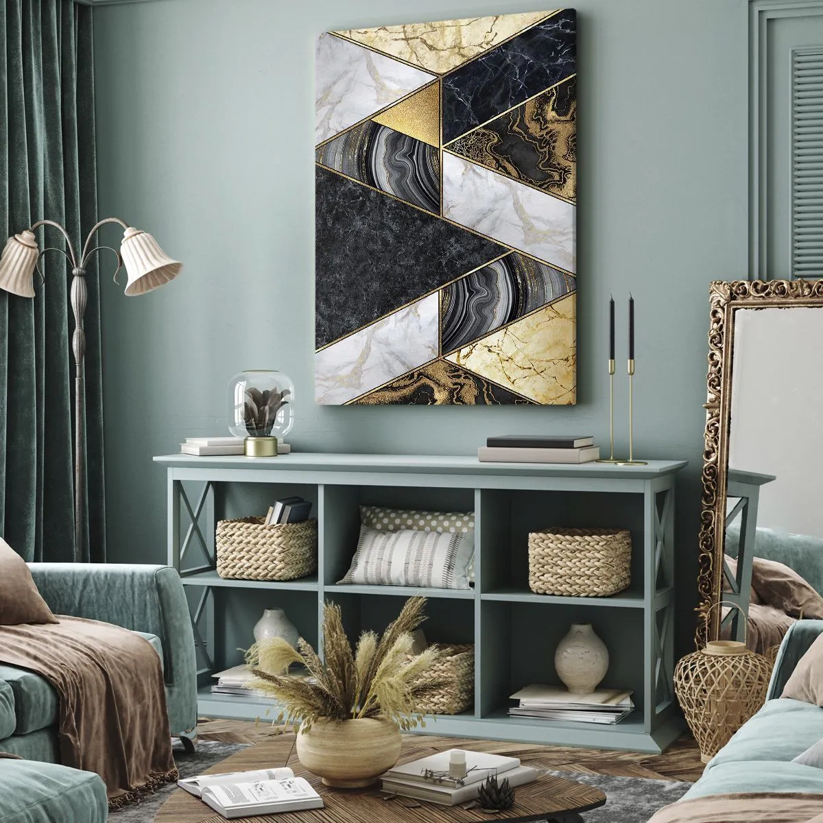 Cuadro sobre lienzo - Impresión de Imagen - Triángulos geométricos en dorado, mármol y tonos oscuros. - 50x70cm - Collage de piedras - Decoración de pared moderna para salón y dormitorio ARTTOR