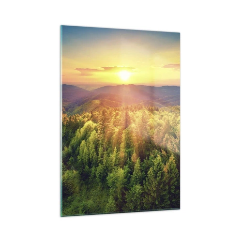 Cuadro sobre vidrio - Impresiones sobre Vidrio - Puesta de sol sobre un bosque de montaña con vistas a los valles. - 50x70cm - Desde lo alto - Decoración de pared moderna para salón y dormitorio ARTTOR