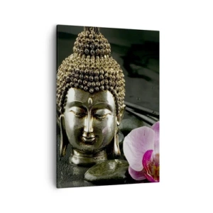 Cuadro sobre lienzo - Impresión de Imagen - Una estatuilla de Buda con una orquídea y palillos sobre un fondo de piedras. - 50x70cm - La armonía de la sabiduría y la belleza - Decoración de pared moderna para salón y dormitorio ARTTOR