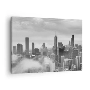Cuadro sobre lienzo - Impresión de Imagen - Panorama de la ciudad con rascacielos en las nubes en blanco y negro - 70x50cm - Paisaje americano - Decoración de pared moderna para salón y dormitorio ARTTOR