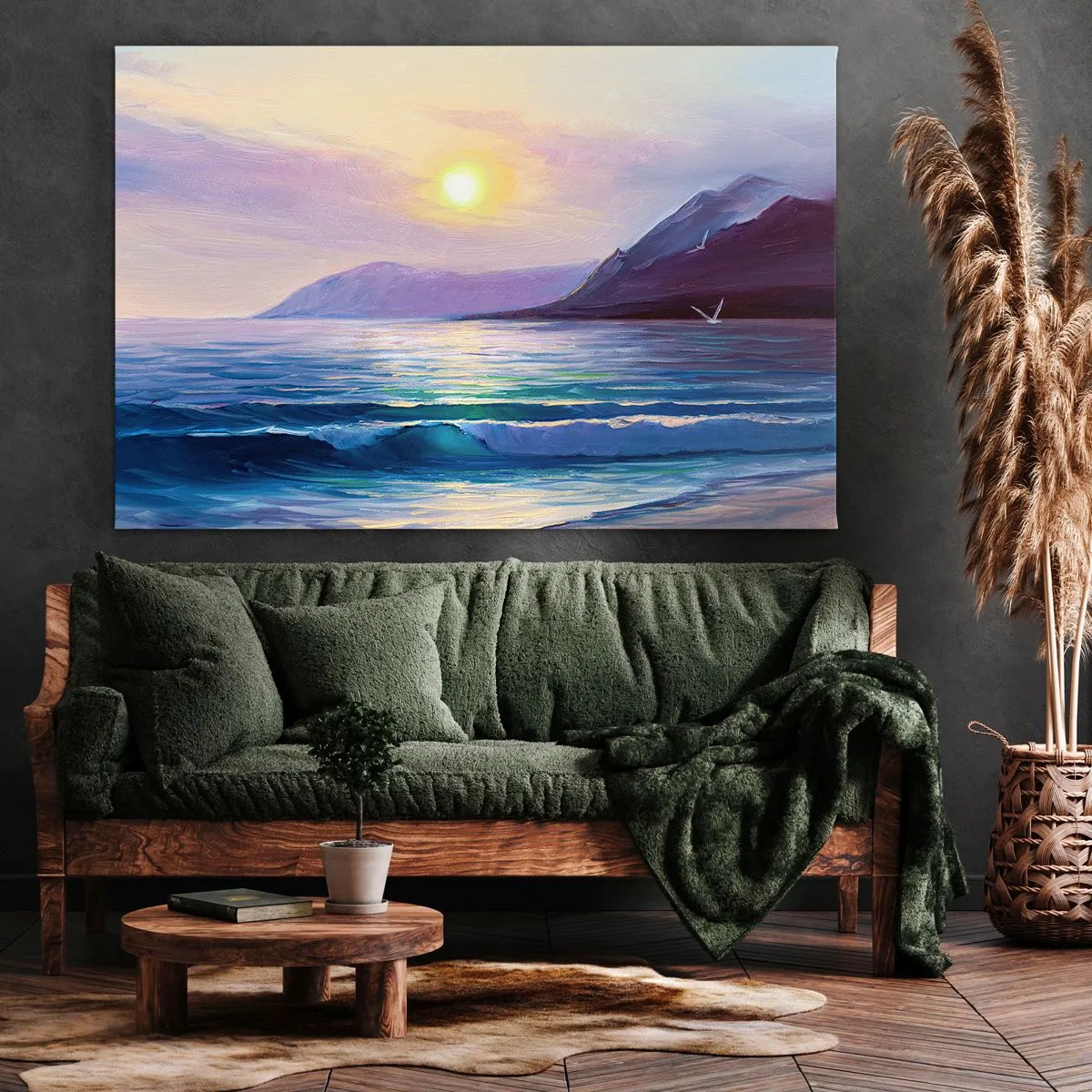 Cuadro sobre lienzo - Impresión de Imagen - Un pintoresco paisaje marino al atardecer con olas y montañas. - 120x80cm - Cristal de agua y aire - Decoración de pared moderna para salón y dormitorio ARTTOR