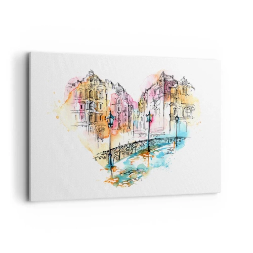 Cuadro sobre lienzo - Impresión de Imagen - Acuarela de un puente y casas de vecindad en forma de corazón - 120x80cm - El corazón de la ciudad - Decoración de pared moderna para salón y dormitorio ARTTOR